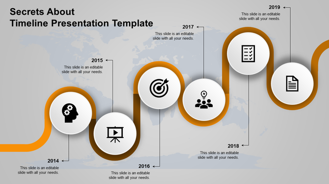 Chronological timeline with circular icons for 2014 to 2019 connected by a yellow curve over a world map backdrop.