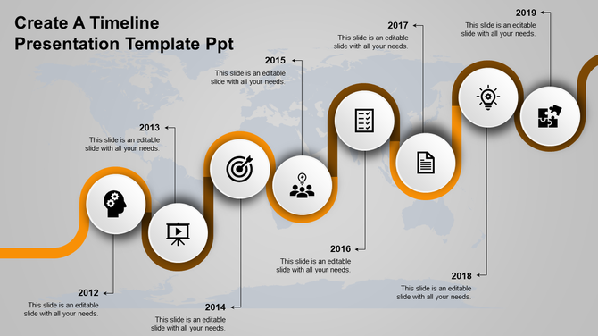 Orange curved timeline with eight white circular icons, black symbols, and year markers on a gray world map background.