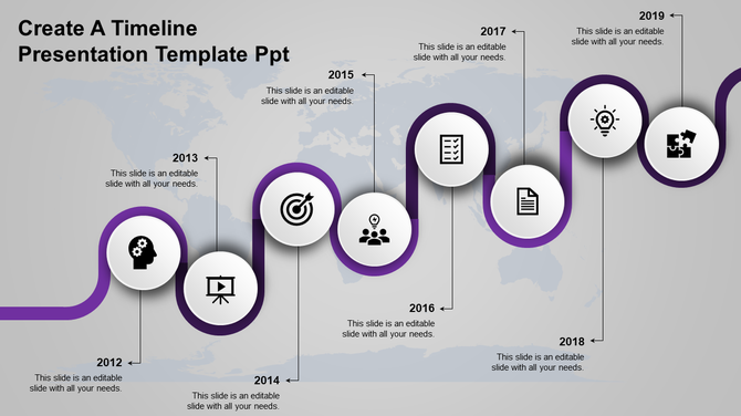 Timeline slide with a purple curved path connecting circular milestones labeled from 2012 to 2019, on a gray map background.
