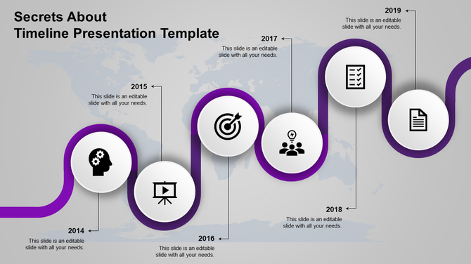 Curved purple timeline with six white circular milestones, black icons, and year labels on a gray world map background.