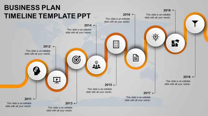 Business plan timeline with green curved path, circular icons, and labeled years from 2011 to 2019 on a gray map.