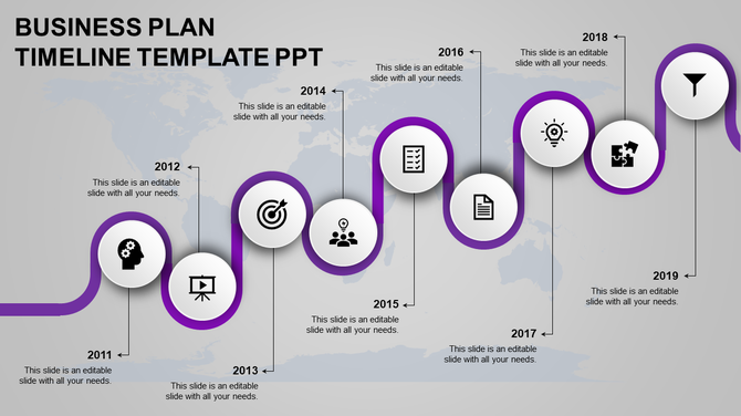 Business plan timeline slide showing key milestones from 2012 to 2019, with color coded icons with placeholder text.