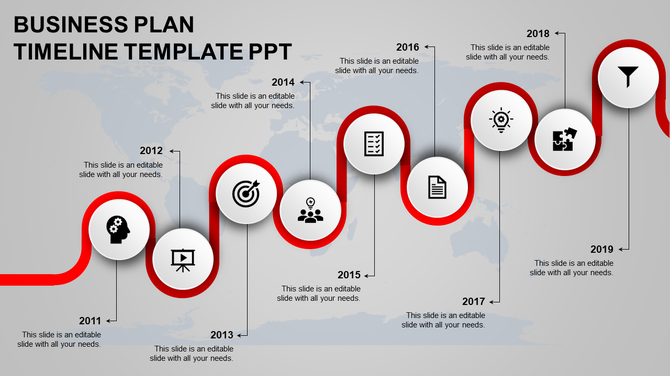 A business plan timeline PPT slide from 2011 to 2019, featuring a series of milestones with red icons with placeholder text.