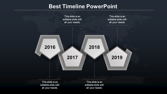 A timeline slide with grey pentagon shaped markers representing 2016, 2017, 2018, and 2019 and labels on a dark theme.