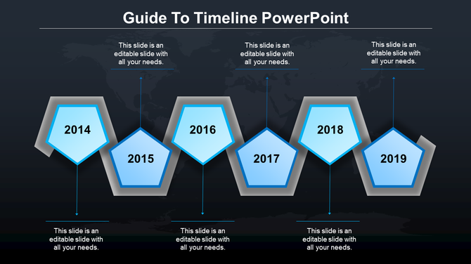Hexagonal timeline infographic with gradient blue milestones, text boxes, and arrows linking key years from 2014 to 2019.