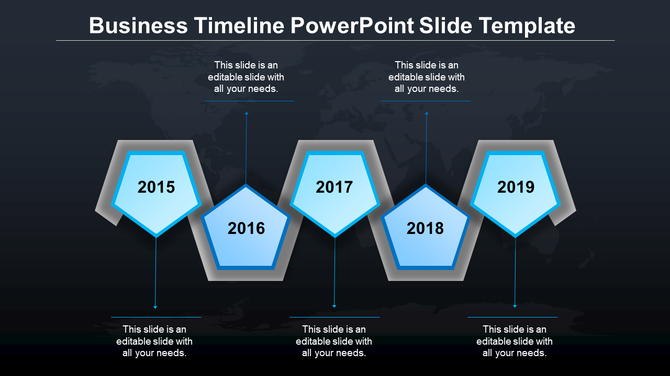 Business timeline infographic with pentagon milestones for years 2015 to 2019, shaded in blue and connected by thin arrows.