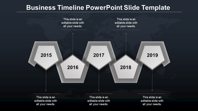 Minimalist timeline design with grayscale pentagons marking years 2015 to 2019, arranged in a staggered layout.