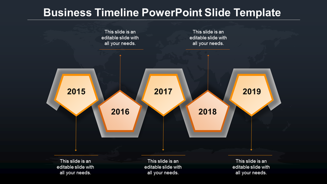 Business timeline with five orange pentagons, featuring milestone years and connecting lines on a dark world map background.