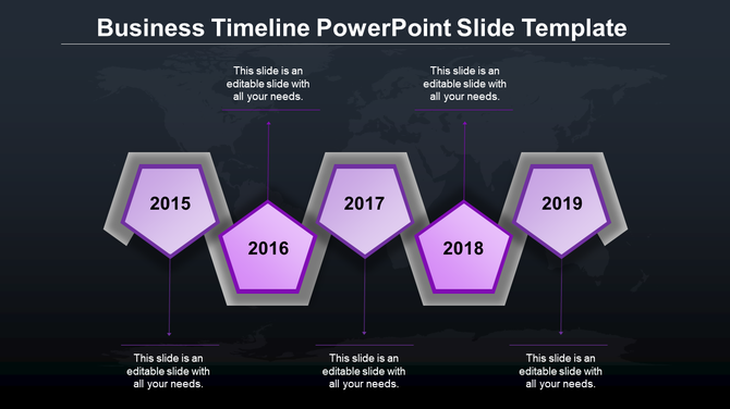 Business timeline PowerPoint template with purple hexagonal year markers from 2015 to 2019, each containing a caption.