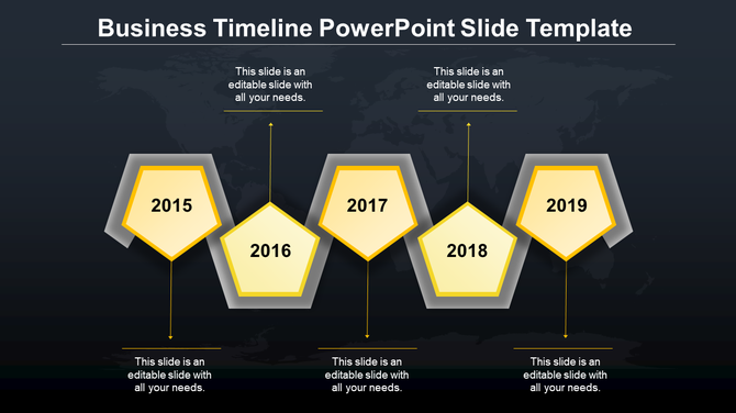 Pentagonal timeline infographic with five yellow bordered milestones, text areas, and arrows connecting key years.