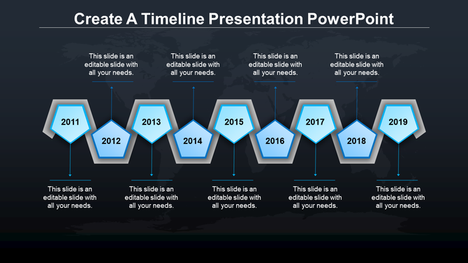 Timeline PPT slide with blue hexagonal markers for each year from 2011 to 2019, each with a caption on a dark backdrop.