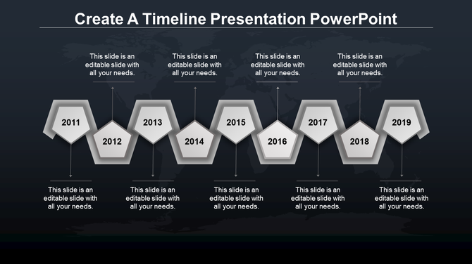 Timeline PPT slide with grey hexagonal markers for each year from 2011 to 2019, each with a caption on a dark backdrop.