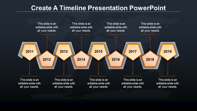 Gradient yellow pentagonal milestones arranged in an alternating pattern, representing timeline events from 2011 to 2019.