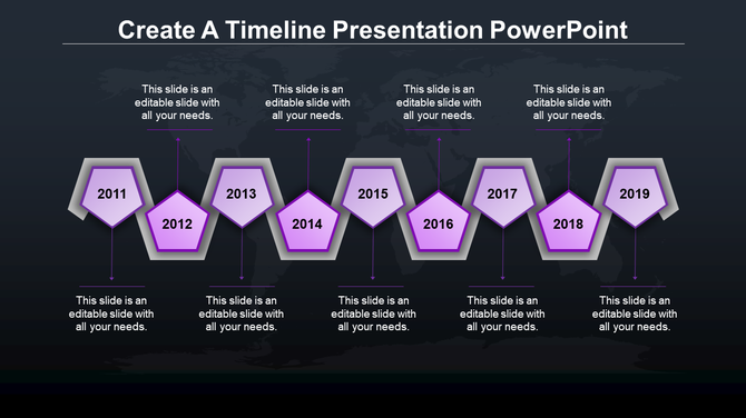 Dark background timeline with purple pentagons, each representing a year from 2011 to 2019 in a structured layout.