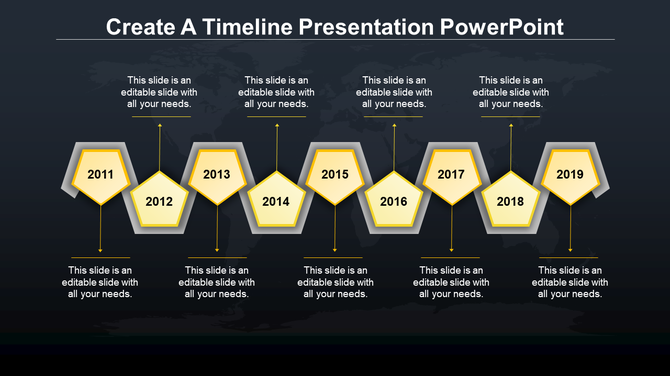 Modern red and gray pentagon timeline chart, marking key years from 2011 to 2019 with a dark world map backdrop.