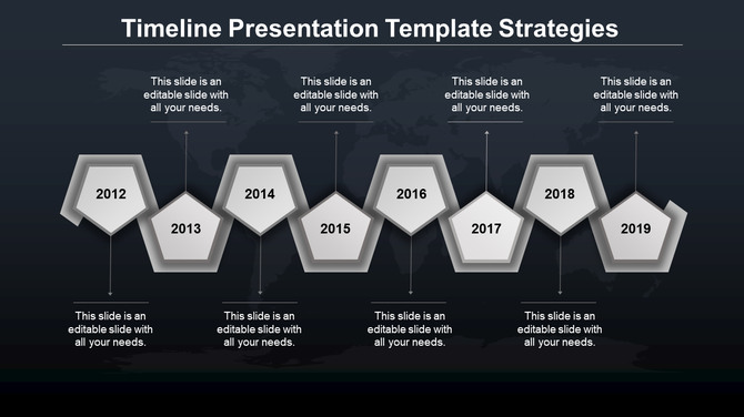 Dark themed timeline with 3D pentagons marking years 2012 to 2019, connected by lines and text above and below.