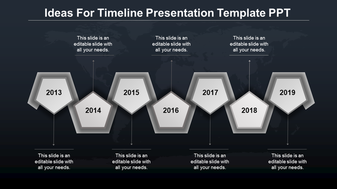 Timeline PowerPoint slide with grey hexagonal year markers from 2013 to 2019, each with a caption on a dark theme.