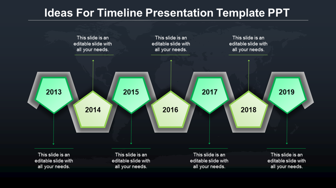Timeline side showing seven green pentagons with vertical connectors, on a professional dark world map backdrop.