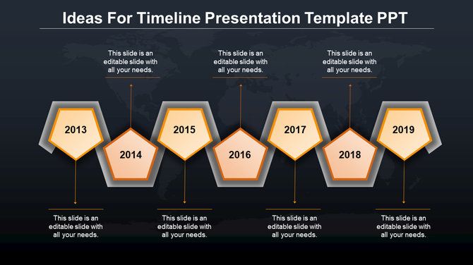 Modern timeline design featuring a sequence of yellow pentagons, each displaying a year, connected to placeholder text.