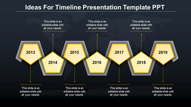 Modern timeline design featuring a sequence of red-outlined pentagons, each displaying a year, connected to placeholder text.