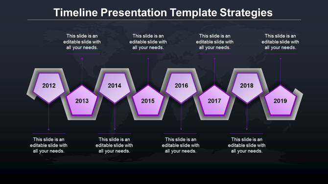 Timeline PowerPoint template with purple hexagonal markers from 2012 to 2019, each containing a caption on a dark backdrop.