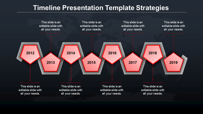 Timeline PPT slide with red hexagonal markers for the years 2012 to 2019, each year containing a caption on a dark theme.