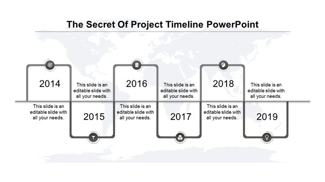 Six step gray timeline with rounded paths marking years 2014-2019, connected to icons and placeholders for descriptions.
