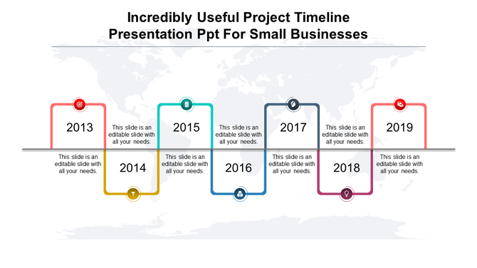Project timeline PowerPoint slide with years 2013 to 2019, each marked with colored icons representing different milestones.