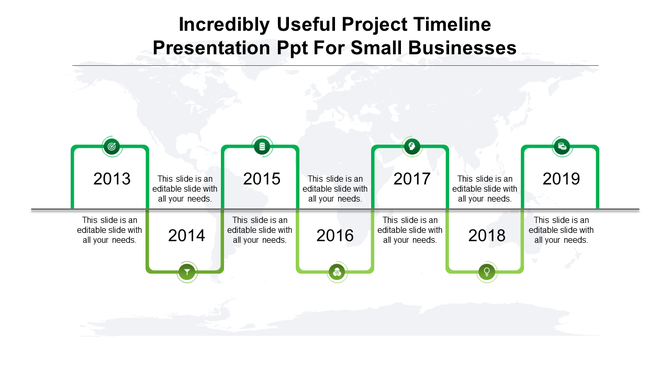 Timeline slide featuring years 2013 to 2019 in green bordered squares, connected by a line with a world map in the backdrop.