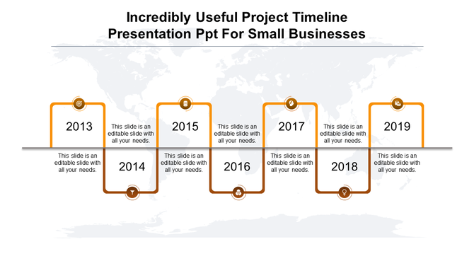 Project timeline PowerPoint slide with years 2013 to 2019, each marked with orange colored icons with placeholder text.