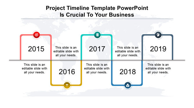Project timeline PowerPoint slide with four milestones from 2015 to 2019, each marked with a colored box and icons.
