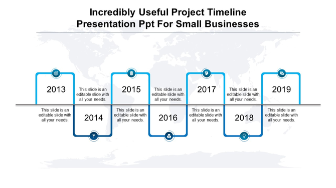 Blue project timeline infographic with seven rectangular milestones, connected by a horizontal line and business icons.