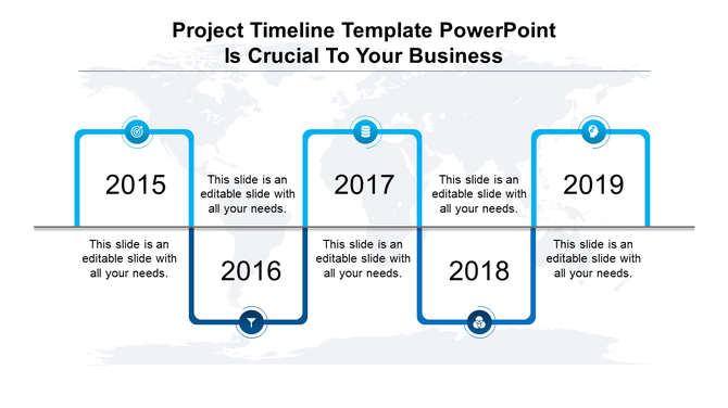 Project timeline with blue curved paths marking years 2015-2019, each linked to icons and placehoder text areas.