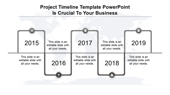 Gray bordered timeline from 2015 to 2019 with steps, circular markers, and placeholders above and below a central line.