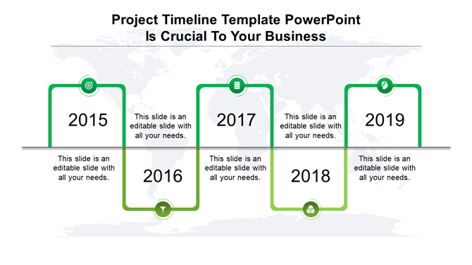 PowerPoint timeline template with years 2015 to 2019, featuring green and circular icons for each year with labels.