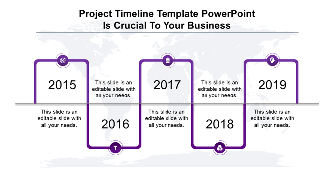PowerPoint timeline template with years 2015 to 2019, featuring purple circular icons for each year with labels.