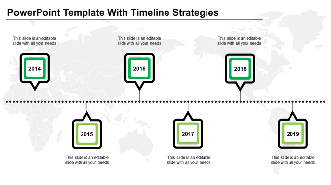 Timeline template featuring six green and black square labels, evenly placed along a horizontal dotted path.