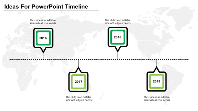 Timeline PPT slide from 2016 to 2019 with green square icons for each year, connected by a dotted line over a map background.