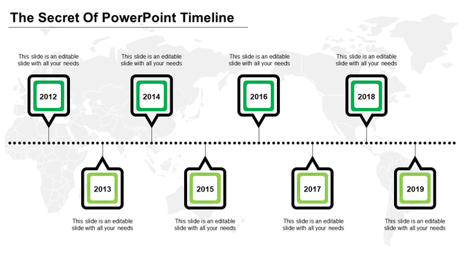 Timeline infographic with square markers for years 2012-2019, outlined in black and green in a dotted path.