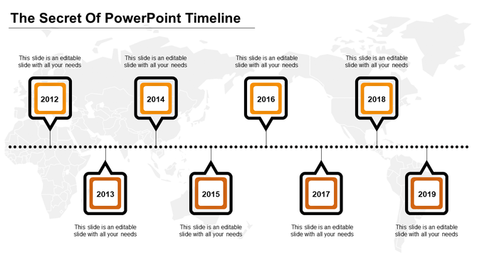 Timeline slide with orange bordered square markers for years 2012 to 2019, linked by a dotted line on a world map.