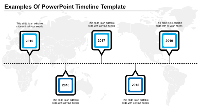 PowerPoint timeline template showing years from 2015 to 2019, with space for custom text at each milestone.