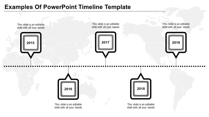 Timeline infographic with square markers for years 2015-2019, outlined in black and gray with caption areas.