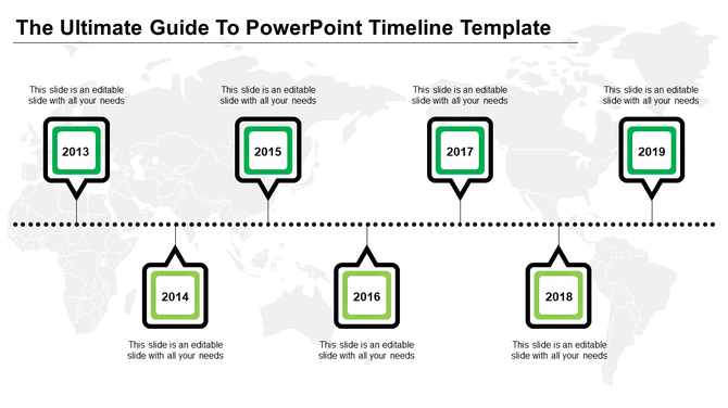 Timeline slide marking seven milestones from 2013 to 2019, each represented by a square marker in black and green.