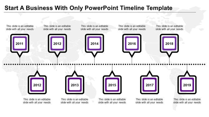 Business timeline featuring alternating square milestones from 2011-2019, with black and purple borders.