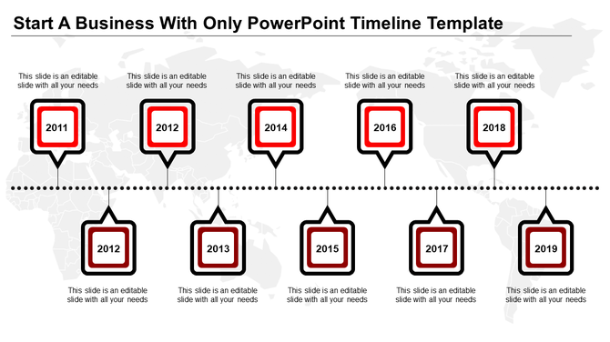 Horizontal timeline with black and red outlined square markers displaying years 2011 to 2019 on a world map background.