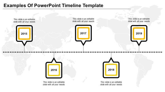 Timeline with five yellow square milestone markers for 2015 to 2019, arranged along a dotted horizontal line.