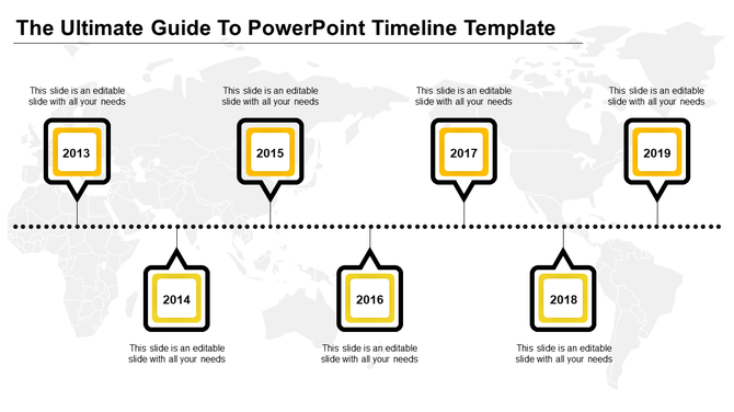 Horizontal timeline with alternating square milestones from 2014-2019, all outlined in yellow and black.