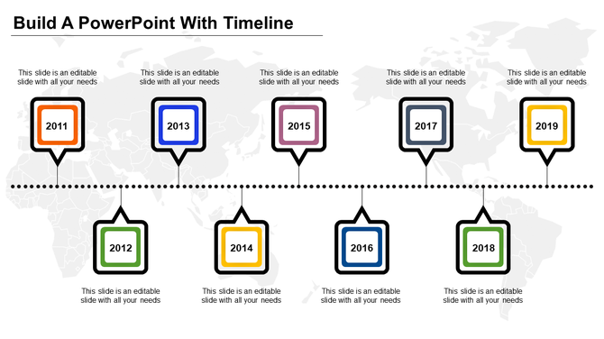 Horizontal timeline with alternating square milestones from 2011-2019, outlined in various colors with caption areas.