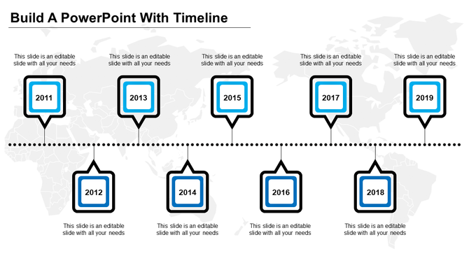 Timeline template with milestones from 2011 to 2019, connected by a dotted line with captions.