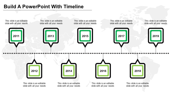 Timeline PPT template from 2011 to 2019, with green text boxes connected by a dotted line, overlaid on a world map.